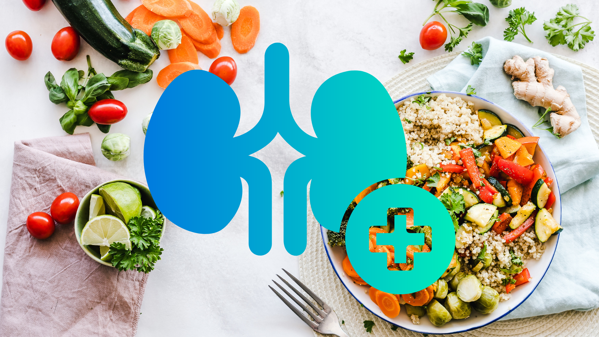 Imagen de alimentos sanos con una ilustración sobrepuesta de riñones y una cruz sanitaria