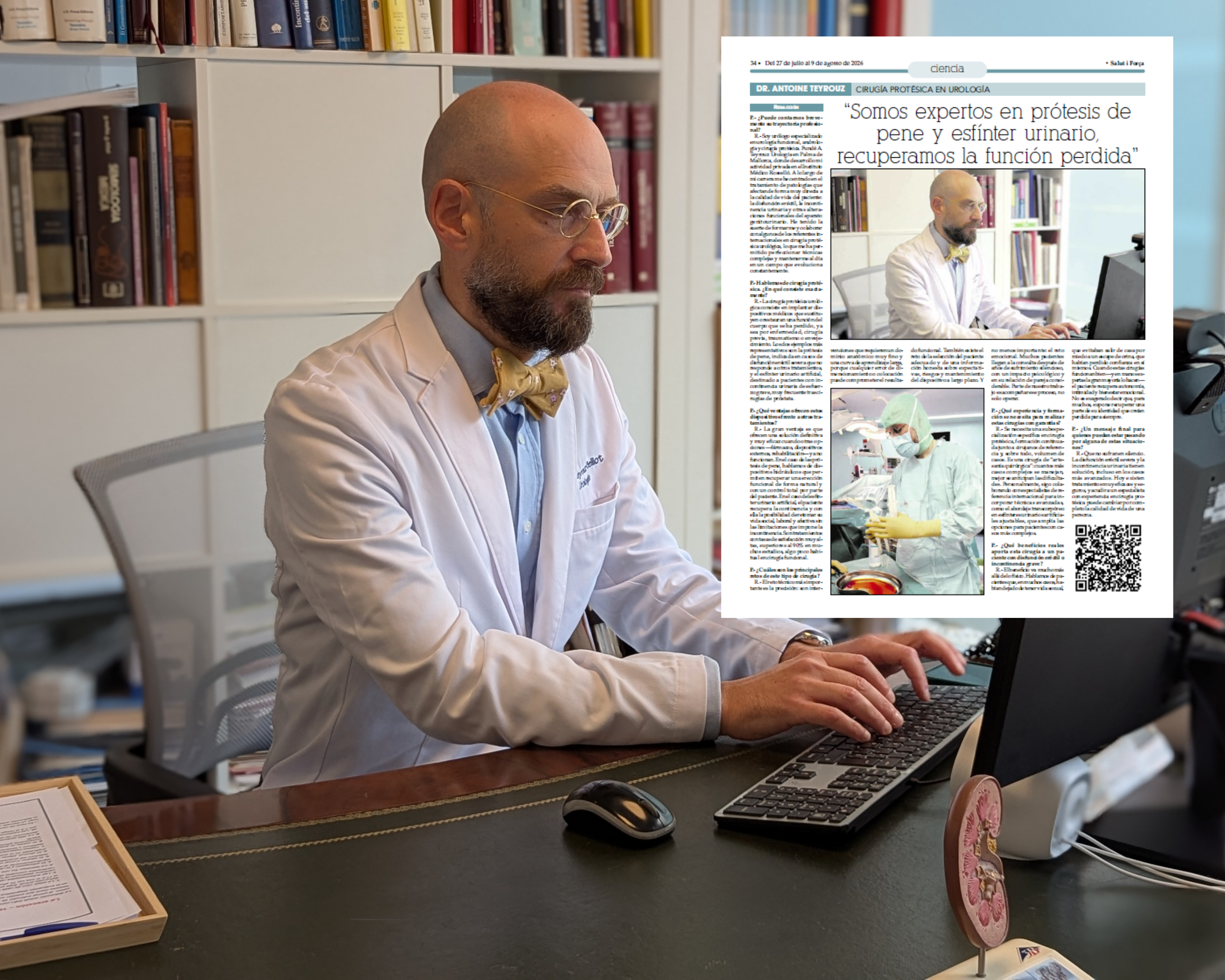 foto de alta calidad del Dr. Teyrouz en consulta con un sutil recorte de la cabecera maquetada de Salut i Força a un lado para que se note que es prensa escrita.
